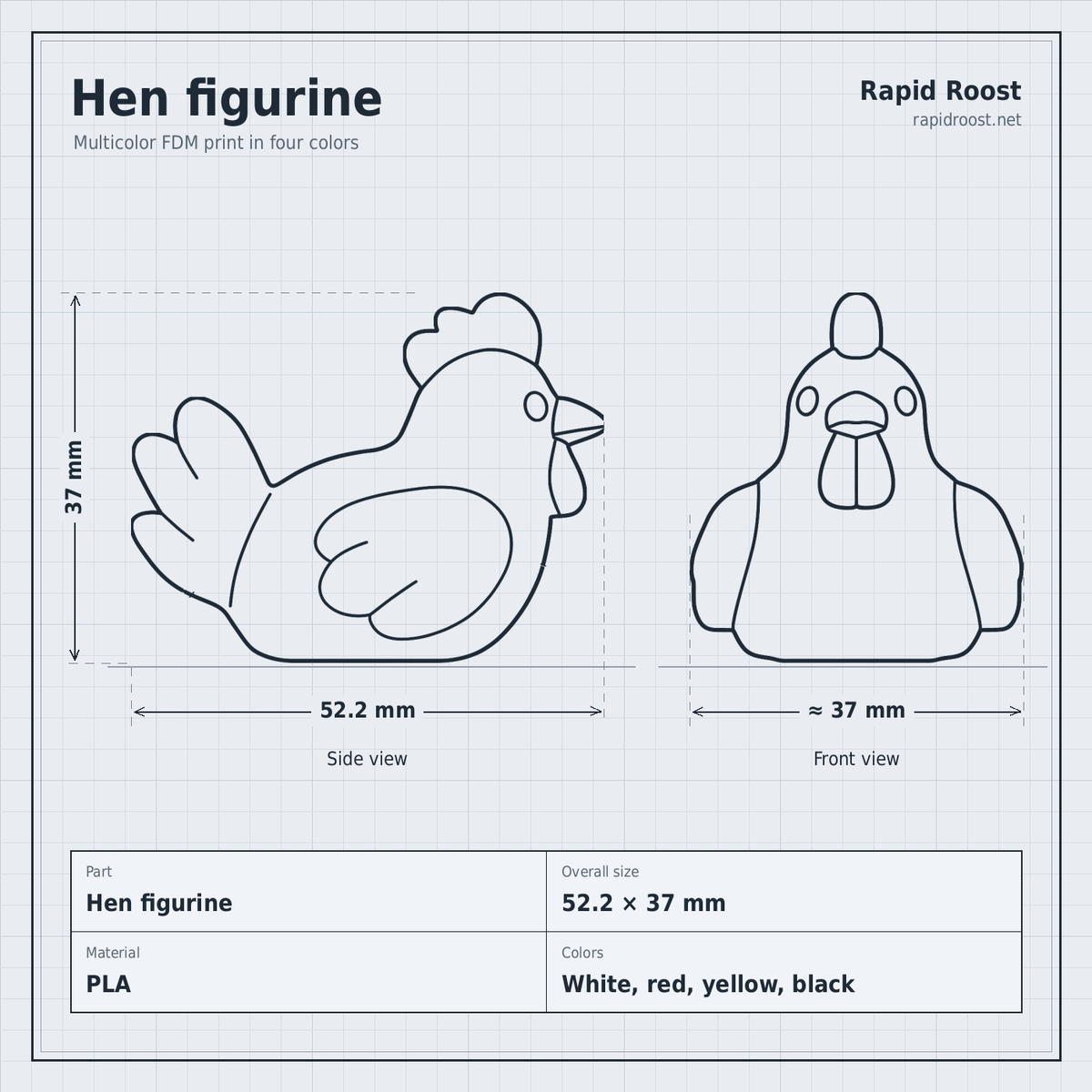 Rapid Roost hen figurine spec sheet: 52.2 x 37 mm, PLA